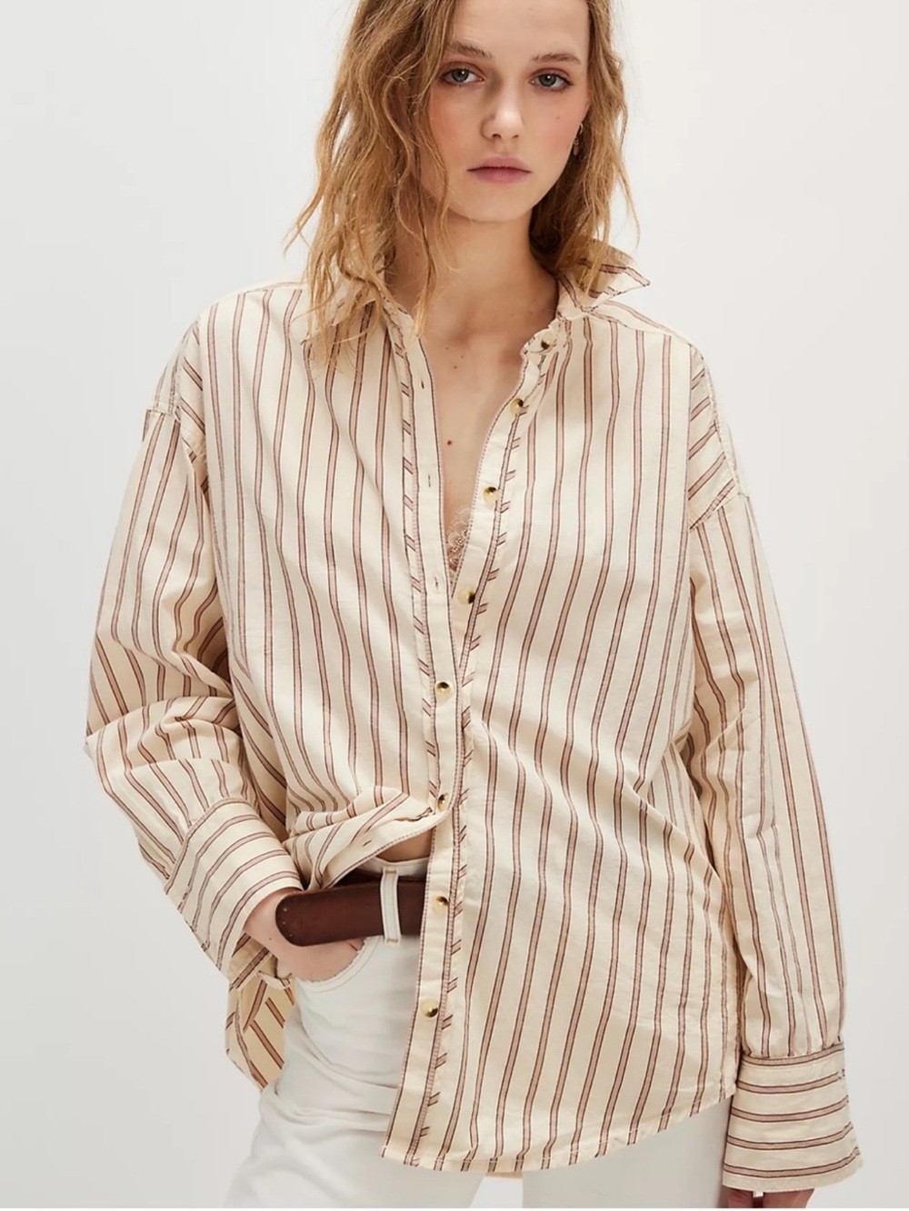 free people L Oversized Ivory Tan Striped Varsity Vibes Long Sleeve Cotton Shirt